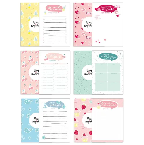 NOVA MD Hobby & Lifestyle-6 Blöcke inkl. To Do Liste, Notizblock, Wochenplaner bzw. Kalender, Einkaufsliste und Block für Liebesbotschaften. 50 Seiten pro Block mit farbenfroher Rückseite in DIN A6. Verpackt in passender Geschenkschachtel