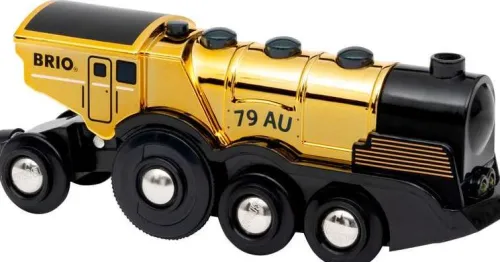 BRIO AB Modelle & Konstruktion-BRIO World 33630 Goldene Batterielok mit Licht und Sound - Mit Auskoppel-Funktion zur Nutzung als Schiebelok - Empfohlen ab 3 Jahren