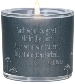 Butzon & Bercker Dekoration & Einrichtung*Glaswindlicht zur Trauer Ø 6,5 cm - mundgeblasenes Windlicht mit farbig bedrucktem Pergamentumleger, Lieferung in grüner Geschenkverpackung mit weißem Teelicht