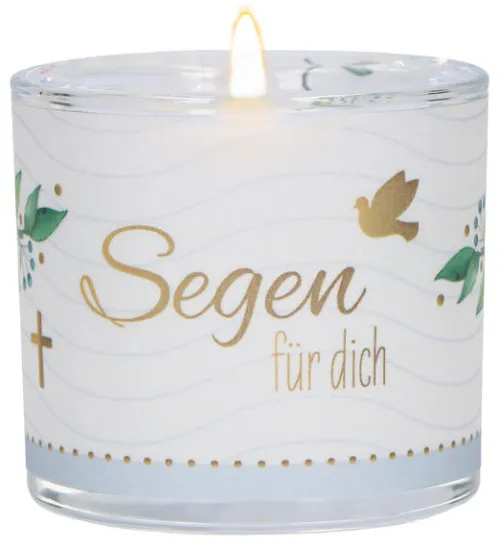 Butzon & Bercker Dekoration & Einrichtung*Glaswindlicht "Segen für dich" Ø 6 cm - handgeblasenes Windlicht mit Pergamentumleger, türkise Geschenkverpackung, weißes Teelicht, liebevolles Geschenk zur Taufe
