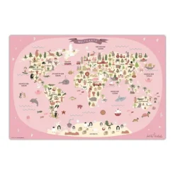 Schreibtischunterlage für Kinder Weltkarte in rosa mit Tieren in deutsch, aus hochwertigem Vinyl , 60 x 40 cm*Cover-your-desk Outlet