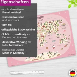 Schreibtischunterlage für Kinder Weltkarte in rosa mit Tieren in deutsch, aus hochwertigem Vinyl , 60 x 40 cm*Cover-your-desk Outlet