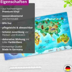 Schreibtischunterlage für Kinder und Erwachsene Weltkarte in deutsch mit vielen Tieren, aus hochwertigem Vinyl , 74 x 40 cm*Cover-your-desk Hot
