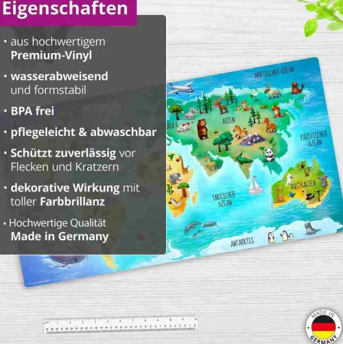 Schreibtischunterlage für Kinder und Erwachsene Weltkarte in deutsch mit vielen Tieren, aus hochwertigem Vinyl , 74 x 40 cm*Cover-your-desk Hot