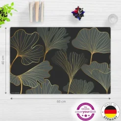 Cover-your-desk Schreibtischunterlagen-Schreibtischunterlage für Kinder Blattwerk Ginkgo in gold und grün, aus hochwertigem Vinyl , 60 x 40 cm