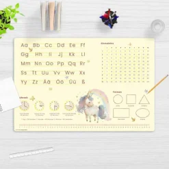 Cover-your-desk Schreibtischunterlagen*Schreibtischunterlage für Kinder Lernunterlage Einschulung, Einhorn Optik, ABC, 1x1, Uhrzeiten, aus hochwertigem Vinyl, 60 x 40 cm
