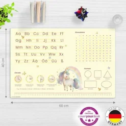 Cover-your-desk Schreibtischunterlagen*Schreibtischunterlage für Kinder Lernunterlage Einschulung, Einhorn Optik, ABC, 1x1, Uhrzeiten, aus hochwertigem Vinyl, 60 x 40 cm