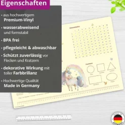 Cover-your-desk Schreibtischunterlagen*Schreibtischunterlage für Kinder Lernunterlage Einschulung, Einhorn Optik, ABC, 1x1, Uhrzeiten, aus hochwertigem Vinyl, 60 x 40 cm