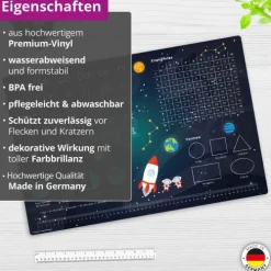 Cover-your-desk Schreibtischunterlagen*Schreibtischunterlage für Kinder Weltraum Schulanfang - abc und einmaleins, aus hochwertigem Vinyl , 60 x 40 cm