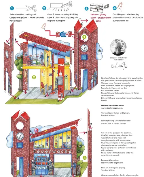 Feuerwache mit Feuerwehr Bastelbogen Ausschneidebogen*Atelier Color Clearance