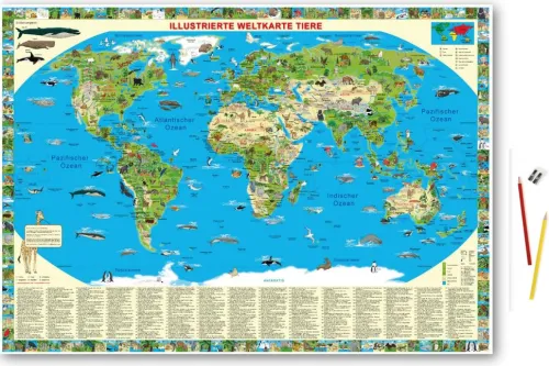 Krüger & Schönhoff Verlag Schreibtischunterlagen-Illustrierte Weltkarte Tiere