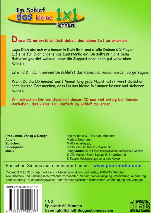 Kinder pep media e.K. Kinder- & Jugendbücher·Kinderbeschäftigung-Im Schlaf das kleine 1x1 lernen!