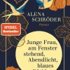 dtv Verlagsgesellschaft Romane & Erzählungen|Historische Romane-Junge Frau, am Fenster stehend, Abendlicht, blaues Kleid
