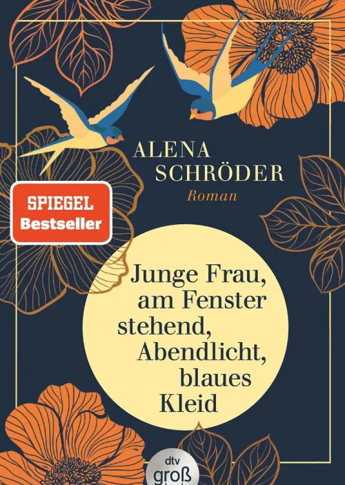 dtv Verlagsgesellschaft Großdruck*Junge Frau, am Fenster stehend, Abendlicht, blaues Kleid