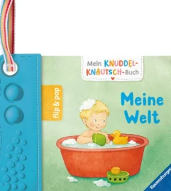 Kinder Ravensburger Verlag 0-3 Jahre-Mein Knuddel-Knautsch-Buch: flip&pop. Meine Welt (mit Pop-it Beißleiste); weiches Stoffbuch, waschbares Badebuch, Babyspielzug ab 0 Monate, Sensorik Spielzeug aus Silikon