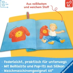 Kinder Ravensburger Verlag 0-3 Jahre-Mein Knuddel-Knautsch-Buch: flip&pop. Meine Welt (mit Pop-it Beißleiste); weiches Stoffbuch, waschbares Badebuch, Babyspielzug ab 0 Monate, Sensorik Spielzeug aus Silikon