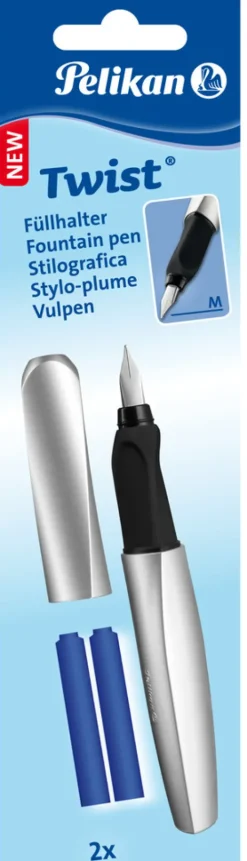 Pelikan Füller & Tinte-Füller Twist, Feder M, Silver, universell für Rechts- und Linkshänder