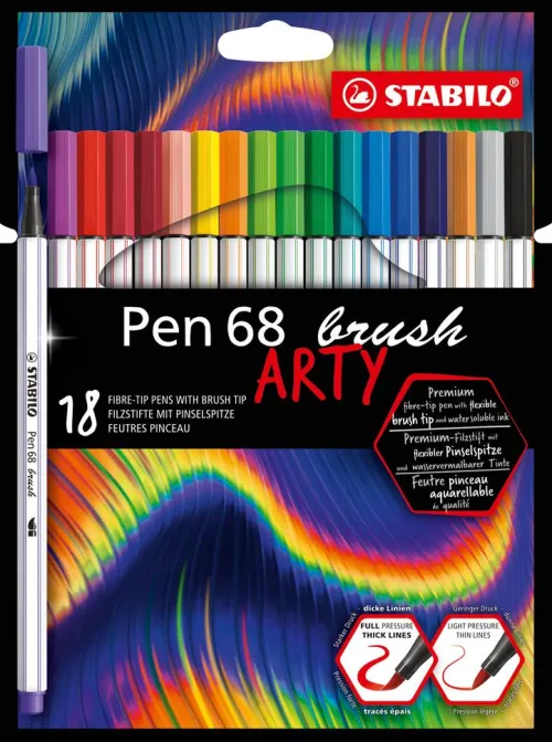Premium-Filzstift mit Pinselspitze für variable Strichstärken - STABILO Pen 68 brush - ARTY - 18er Pack - mit 18 verschiedenen Farben*STABILO Nonbook Hot