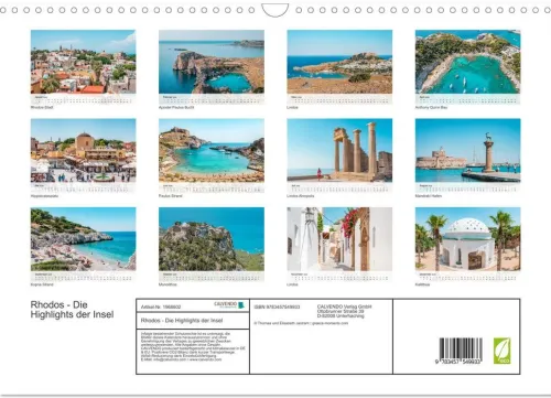 Calvendo Wandkalender*Rhodos - Die Highlights der Insel (Wandkalender 2026 DIN A3 quer), Monatskalender
