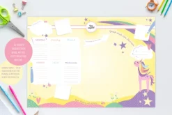 Nova MD Schreibtischunterlagen*Schreibtischunterlage Kinder aus Papier in Gelb / Rosa mit Einhorn Motiv | 50 Blatt zum Abreißen in DIN A2