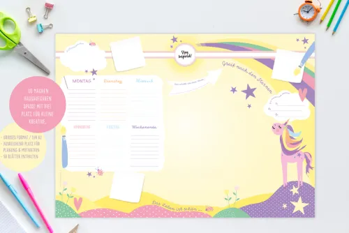 Nova MD Schreibtischunterlagen*Schreibtischunterlage Kinder aus Papier in Gelb / Rosa mit Einhorn Motiv | 50 Blatt zum Abreißen in DIN A2