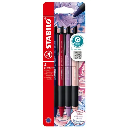 Druck-Kugelschreiber pointball NatureCOLORS Wildflower Edition 4er Set, burgunderrot, preußischblau, grauviolett, rouge*STABILO Discount