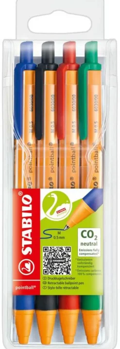 Kugelschreiber Druck-Kugelschreiber pointball, 4er Set - blau, schwarz, rot, grün*STABILO New
