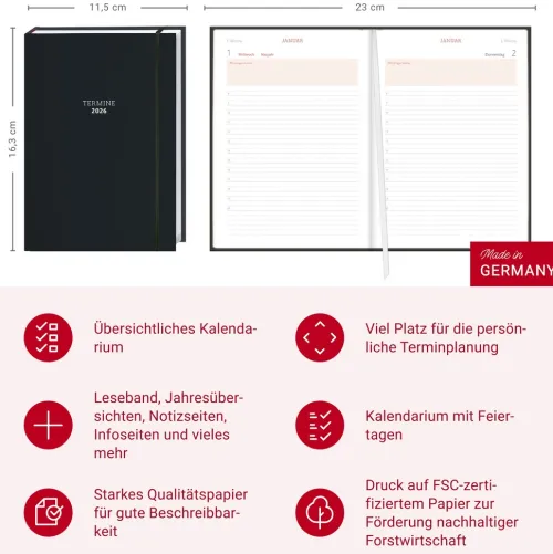 Heye Terminkalender*Tages-Kalenderbuch A6, schwarz 2026
