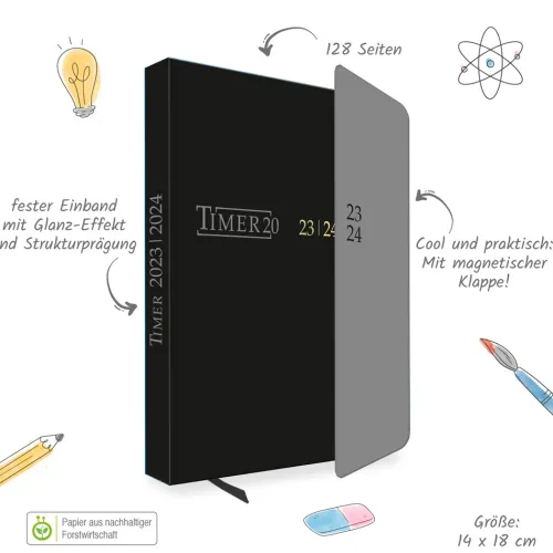 Schülerkalender mit Klappe Black 23/24*Trötsch Outlet