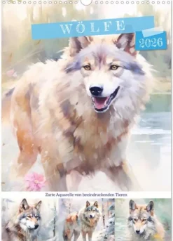 Calvendo Wandkalender-Wölfe. Zarte Aquarelle von beeindruckenden Tieren (Wandkalender 2026 DIN A3 hoch), Monatskalender