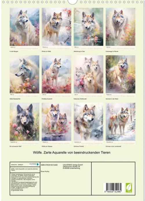 Calvendo Wandkalender-Wölfe. Zarte Aquarelle von beeindruckenden Tieren (Wandkalender 2026 DIN A3 hoch), Monatskalender