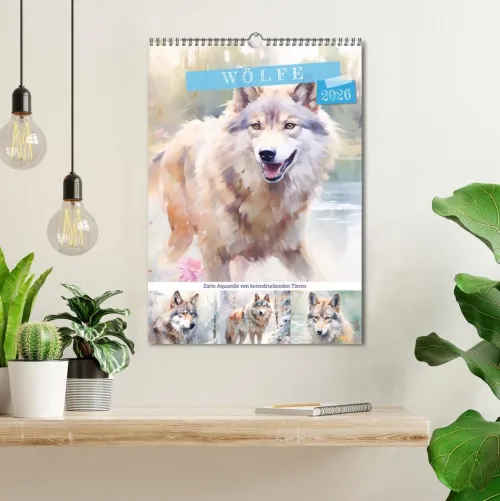 Calvendo Wandkalender-Wölfe. Zarte Aquarelle von beeindruckenden Tieren (Wandkalender 2026 DIN A3 hoch), Monatskalender