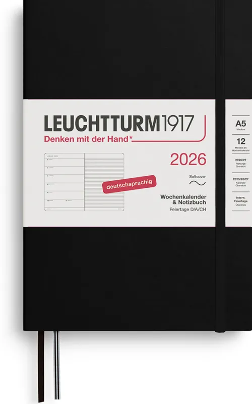 Wochenkalender und Notizbuch Medium (A5) 2026, Softcover, Schwarz, Deutsch*LEUCHTTURM1917 Hot